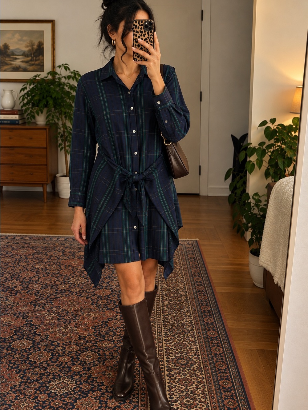UNTUCKit Navy and Green Plaid Shirt Dress with Tie Waist